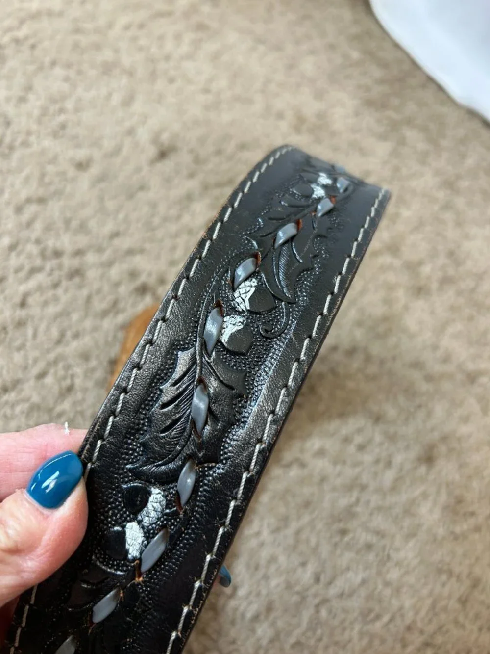 Vintage Tooled Laced Leather Western Belt Black No Buckle 36